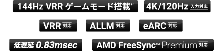 144Hz VRR ゲームモード搭載*5 / 4K/120Hz 入力対応 / VRR 対応 / ALLM 対応 / eARC 対応 / 低遅延 0.83msec / AMD FreeSync™  Premium 対応